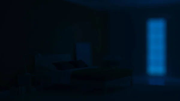 Modern Slaapkamerinterieur Met Blauwe Muren Goedenacht Avondverlichting Weergave — Stockfoto