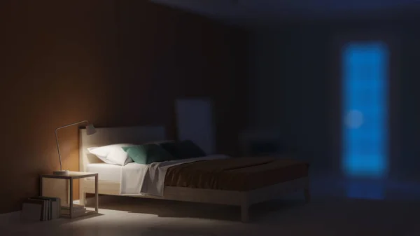 Nowoczesne Wnętrze Sypialni Niebieskimi Ścianami Dobranoc Wieczorne Światło Renderowanie — Zdjęcie stockowe
