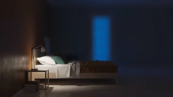 Interior Quarto Moderno Com Paredes Azuis Boa Noite Iluminação Nocturna — Fotografia de Stock