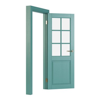 Tahta kapı beyaz arka planda izole edilmiş. 3B görüntüleme.