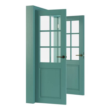 Tahta kapı beyaz arka planda izole edilmiş. 3B görüntüleme.