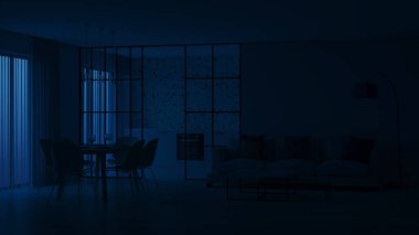 Modern ev iç mimarisi. Cam bölmelerin arkasında terrazzo önlüklü mavi mutfak. İyi geceler. Akşam aydınlatması. 3B görüntüleme.