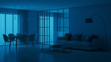 Modern ev iç mimarisi. Cam bölmelerin arkasında terrazzo önlüklü mavi mutfak. İyi geceler. Akşam aydınlatması. 3B görüntüleme.