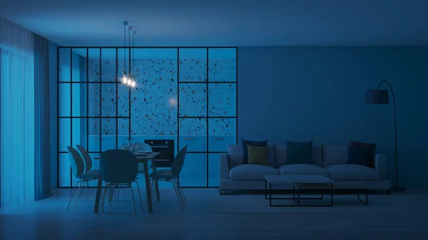 Interior Casa Moderna Cocina Azul Con Delantal Terrazo Detrás Tabiques —  Fotos de Stock