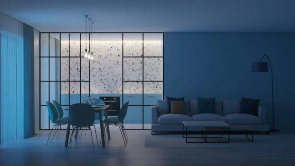 Interior Casa Moderna Cocina Azul Con Delantal Terrazo Detrás Tabiques — Foto de Stock