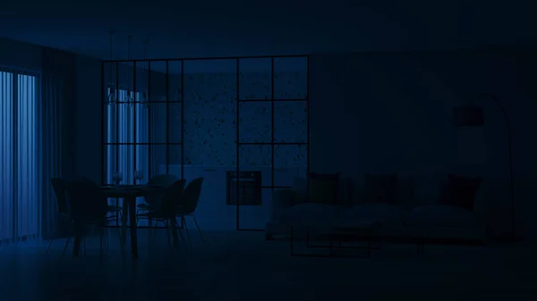 现代住宅内部 蓝色厨房 玻璃隔板后面有特拉佐围裙 晚安夜光 3D渲染 — 图库照片