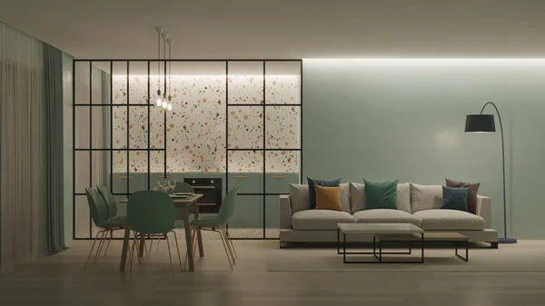 Modern Interieur Blauwe Keuken Met Terrazzo Schort Achter Glazen Wanden — Stockfoto