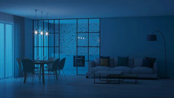 现代住宅内部 蓝色厨房 玻璃隔板后面有特拉佐围裙 晚安夜光 3D渲染 — 图库照片