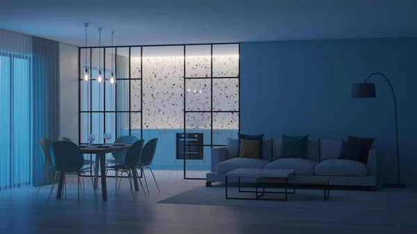 Moderne Hauseinrichtung Blaue Küche Mit Terrazzo Schürze Hinter Glaswänden Nacht — Stockfoto