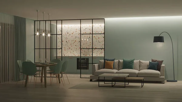 Modernt Hus Interiör Blå Kök Med Terrazzo Förkläde Bakom Glaspartier — Stockfoto