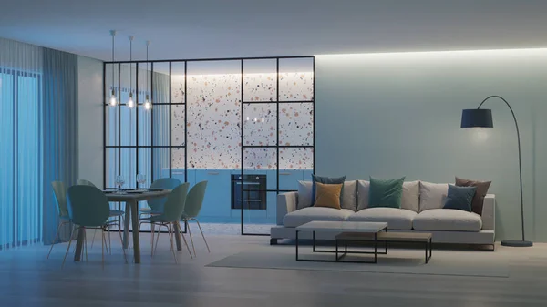 Intérieur Maison Moderne Cuisine Bleue Avec Tablier Terrazzo Derrière Cloisons — Photo