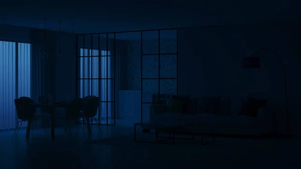 Modernt Hus Interiör Blå Kök Med Terrazzo Förkläde Bakom Glaspartier — Stockfoto