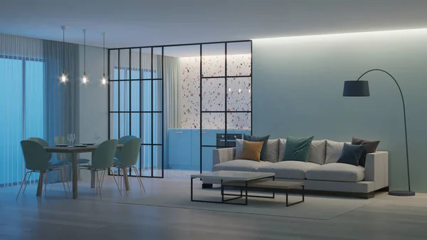 Interior Casa Moderna Cocina Azul Con Delantal Terrazo Detrás Tabiques — Foto de Stock