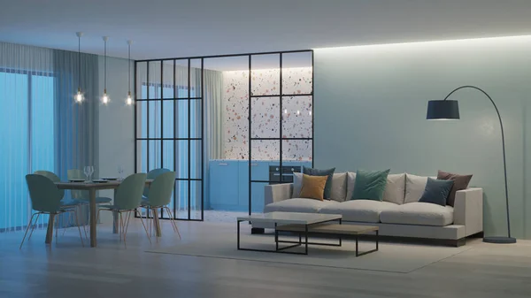 Moderne Hauseinrichtung Blaue Küche Mit Terrazzo Schürze Hinter Glaswänden Nacht — Stockfoto