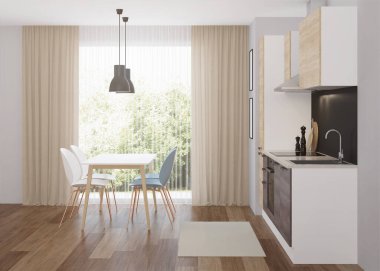 Modern bir şekilde mutfağın içinde. 3B görüntüleme.