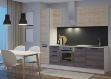 Modern bir şekilde mutfağın içinde. İyi geceler. Akşam aydınlatması. 3B görüntüleme.