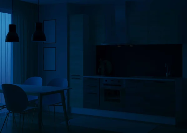 Interior Cozinha Estilo Moderno Boa Noite Iluminação Nocturna Renderização — Fotografia de Stock