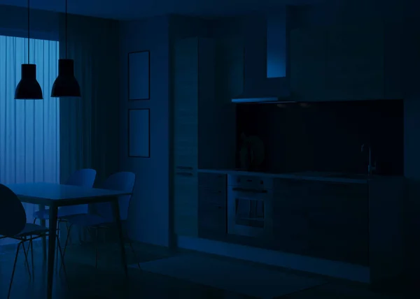 Kücheneinrichtung Modernem Stil Nacht Abendbeleuchtung Rendering — Stockfoto