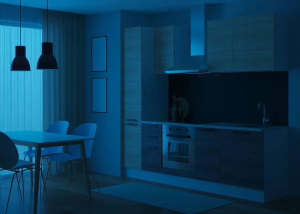 Interior Cozinha Estilo Moderno Boa Noite Iluminação Nocturna Renderização — Fotografia de Stock