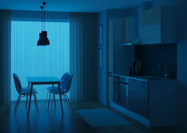 厨房内部采用现代风格 晚安夜光 3D渲染 — 图库照片