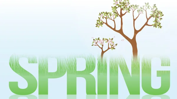 Palabra de primavera con hierba exuberante y árboles florecientes - Ilustración vectorial — Vector de stock