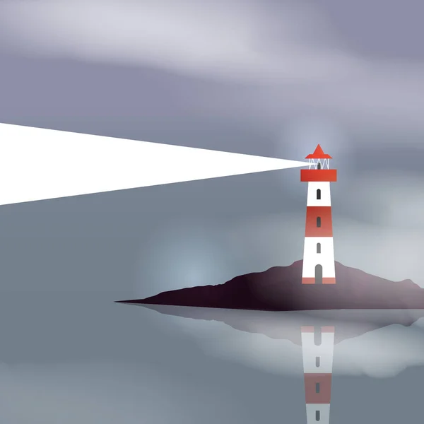 Lighthouse on Island with Navigation Light - Vector Illustration - Stok Vektor