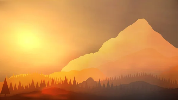 Montaña del amanecer con paisaje del bosque de pinos - Vector Illustratio — Vector de stock