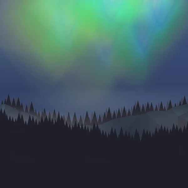 Paesaggio forestale con Aurora Settentrionale - Illustrazione vettoriale — Vettoriale Stock