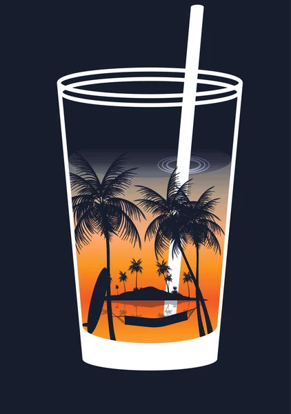 Cóctel con escena tropical en el vaso con palmeras, Hamm — Vector de stock