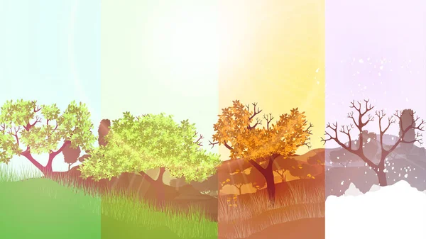 Banners Four Seasons com árvores abstratas sobre fundo florestal  - — Vetor de Stock