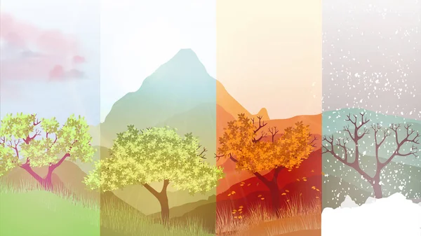 Four Seasons Banners met abstracte bomen op bos achtergrond - — Stockvector