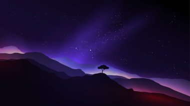 Yalnız bir ağaç - vektör Illustra dağlarda yıldızlı gece