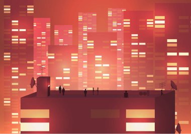 Modern kentsel Cityscape sahne binası siluetleri, kuleleri ile bir