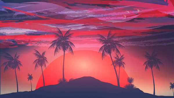 Fırtına bulutları - vektör Illustrati ile kırmızı günbatımı tropikal ada — Stok Vektör