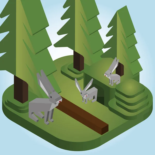 Κουνέλια κοντά σε λαγούμι σε πεύκα δάσος ισομετρική στυλ - Il διάνυσμα — Διανυσματικό Αρχείο