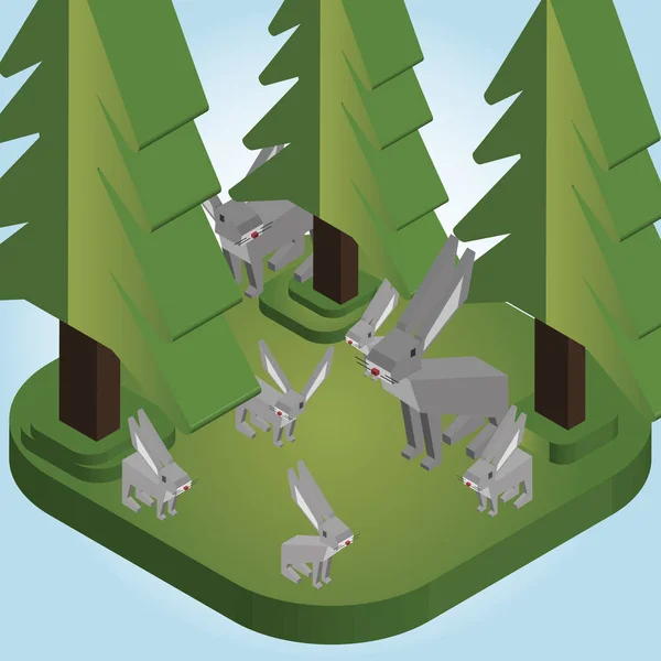 Iepurii într-un stil izometric de pădure de pin Ilustrație vectorială — Vector de stoc