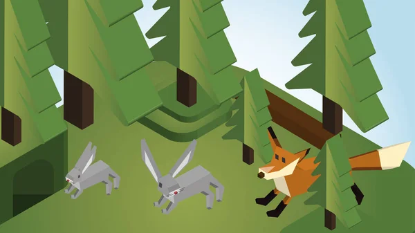 Králík pronásledován Fox v borovém lese izometrickém stylu - vektorové I — Stockový vektor