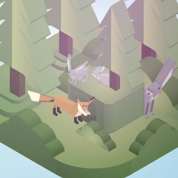 Králičí nory a Fox v borovém lese izometrické stylu - vektor — Stockový vektor