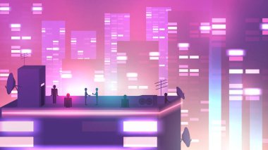 Bina siluetleri, çekici ile modern kentsel Neon Cityscape sahne