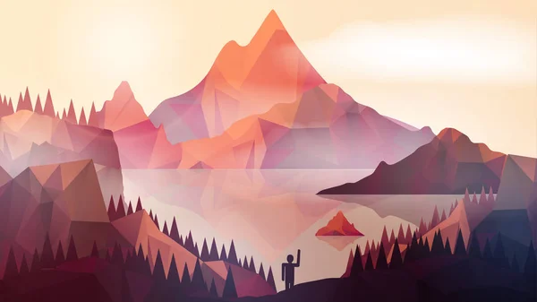 Montañas abstractas con lago y bosque de pino, Persona en Foregr — Vector de stock