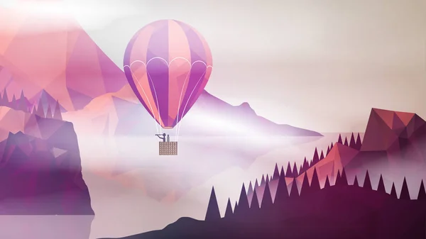 Heißluftballon in der Nähe von Wald und See, Mann mit Teleskop in der Hand — Stockvektor