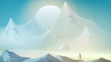 Nordic Walking ile-dağlar manzara illüstrasyon vektör