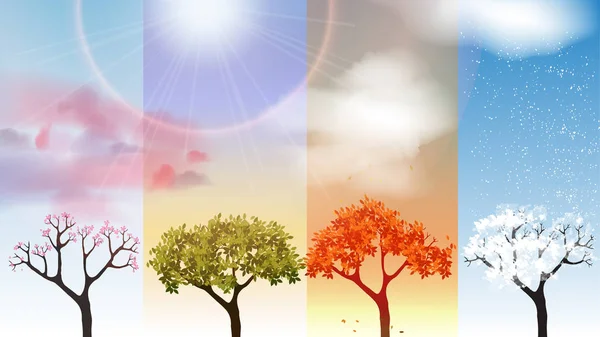 Banners de cuatro estaciones con árboles abstractos - Ilustración vectorial — Archivo Imágenes Vectoriales