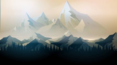 Soyut gündoğumu dağlar çam ormanı - vektör Illustratio ile