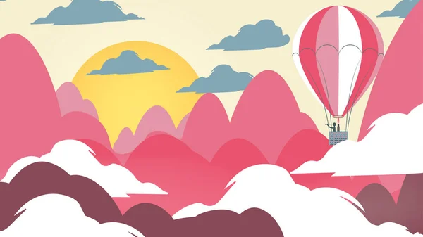 Papír cut stylu nášivka horská krajina s horkovzdušným balónem — Stockový vektor