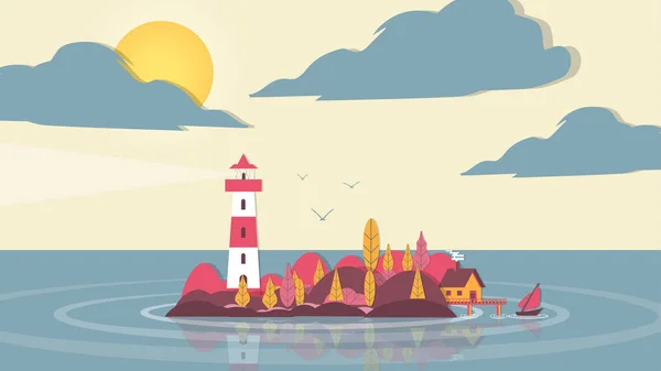 Paper-cut Style Applique Lighthouse on Small Island with House a — Stock Vector