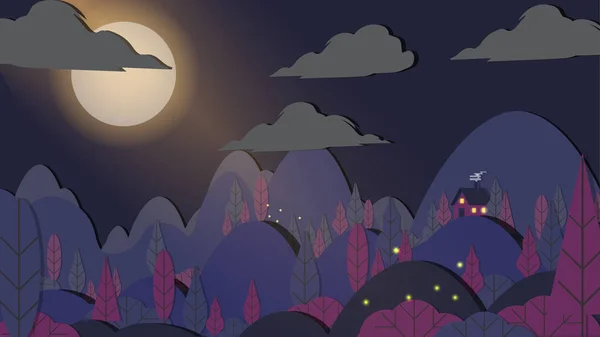 Estilo Applique Bosque con Paisaje Nocturno de Casa Pequeña — Vector de stock