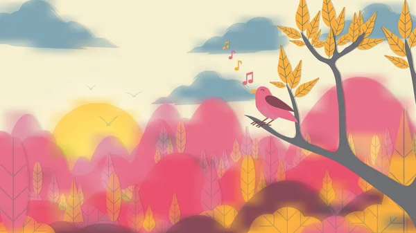 Style découpé en papier Oiseau sur branche d'arbre avec fond de paysage flou — Image vectorielle