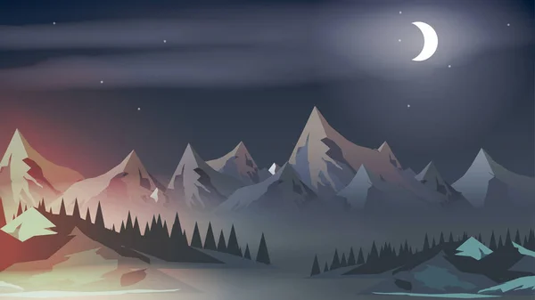 山の峰、松林と月の上昇 - 夕日ベクトル私 — ストックベクタ