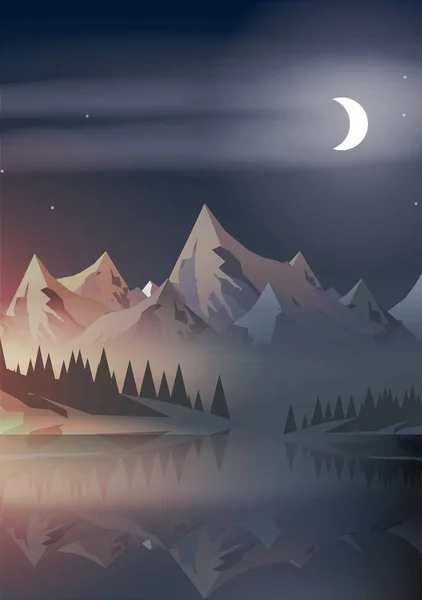 Ηλιοβασίλεμα με βουνοκορφές, πευκοδάσος και Σελήνης, η άνοδος - του φορέα σας — Διανυσματικό Αρχείο